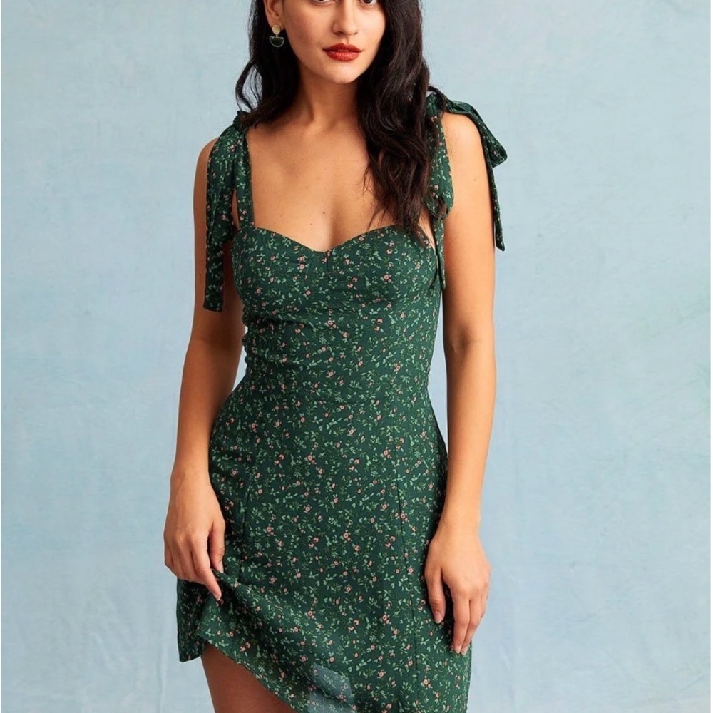 RIHOAS Dark Green Floral Tie-Shoulder Mini Dress